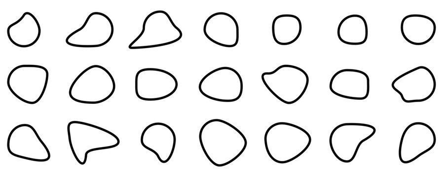 A collection of various irregular hand drawn circle shapes and doodle blobs isolated on a plain white background for design