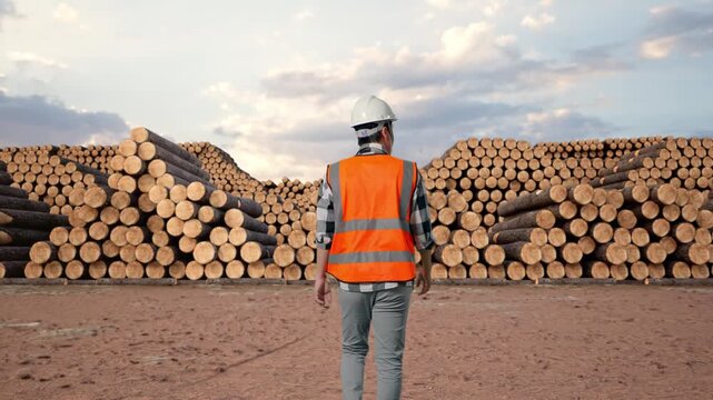 Back of Asian Male Engineer Walking with Stacked timber logs pile at outdoor lumber yard