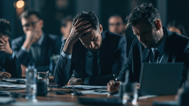 Man in suit stressed with head in hands during business meeting with colleagues in office