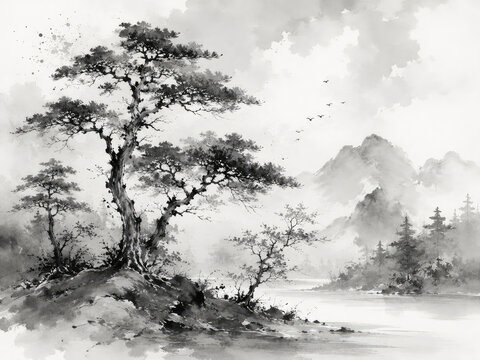 Monochrome Chinese Ink Wash Landscape with Pine Trees, Lake and Misty Mountains