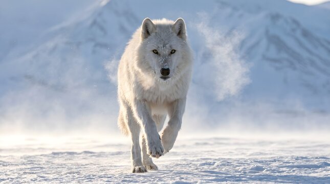 Arctic wolf running across snow