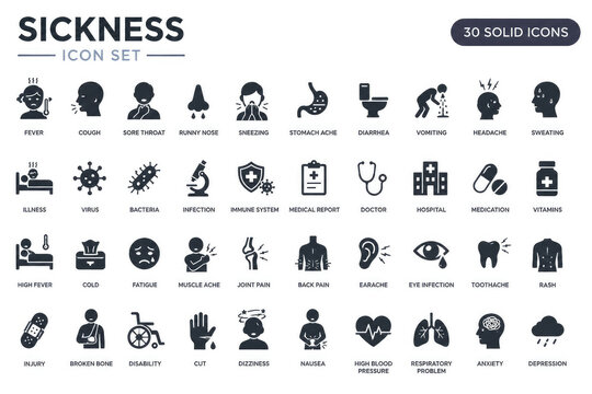 Sickness and Medical Symptoms Solid Icon Set with Healthcare Symbols