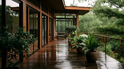Fototapeta premium A wet wooden balcony lined with potted plants under an overhanging roof surrounded by lush greenery
