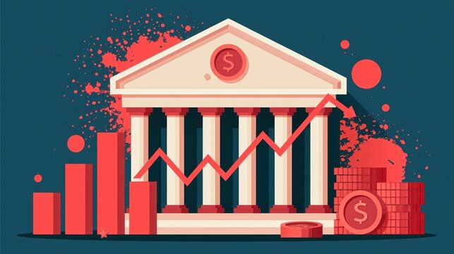 Financial institution building with downward trending graph and falling coins during economic crisis