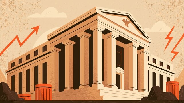Classical Building with Upward Trend Arrows and Lightning Bolts Illustrating Financial Growth and Economic Power