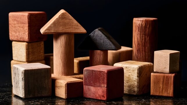 Wooden blocks and geometric shapes arranged creatively on a dark surface  showcasing natural wood textures and varied tones