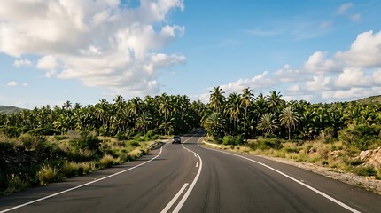 Naklejka premium Road Curves Through a Lush Tropical Palm Grove Beneath a Bright Blue Sky Filled with Soft White Clouds