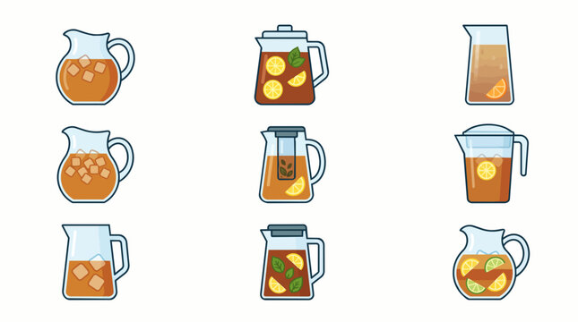 Collection of nine different iced tea pitchers with ice lemon and mint illustrations