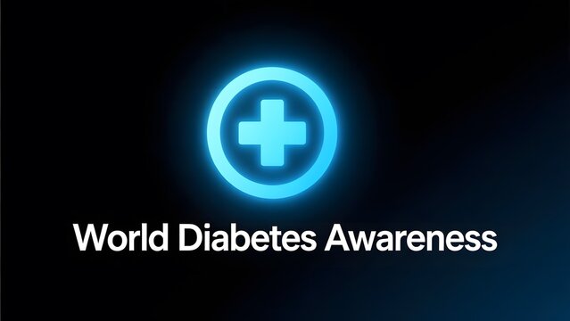 World Diabetes Awareness medical concept, glowing blue circle with cross icon, healthcare health campaign background