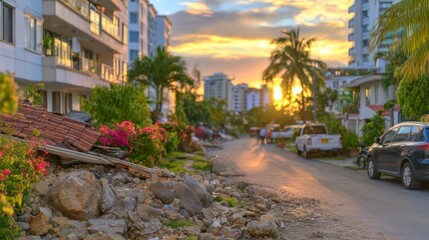Fototapeta premium Urban neighborhood after a major earthquake, with collapsed roadside structures, scattered rubble, damaged homes, apartment buildings, and emergency disruption beneath a dramatic sunset.