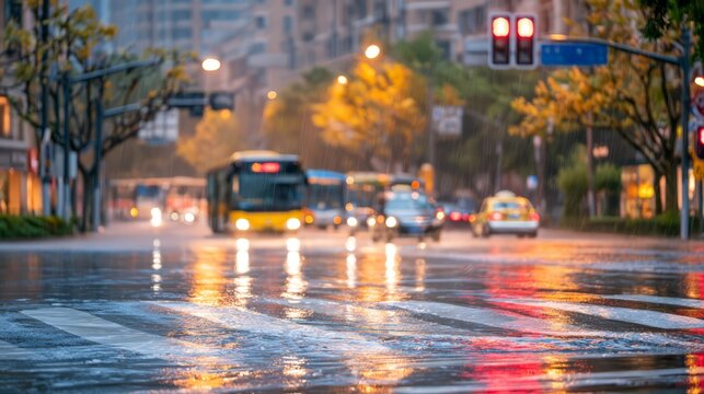China in typhoon , heavy urban rainfall leaves a flooded city intersection with buses, cars, traffic lights, wet asphalt, glowing reflections, and autumn trees under a dramatic rainy atmosphere.