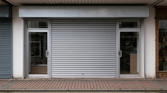 Closed storefront with metal security shutter down during daytime with brick pavement