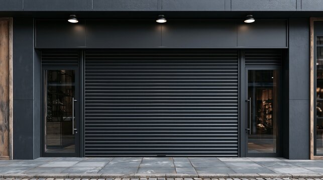 Closed storefront with metal security shutter and glass doors during twilight urban setting