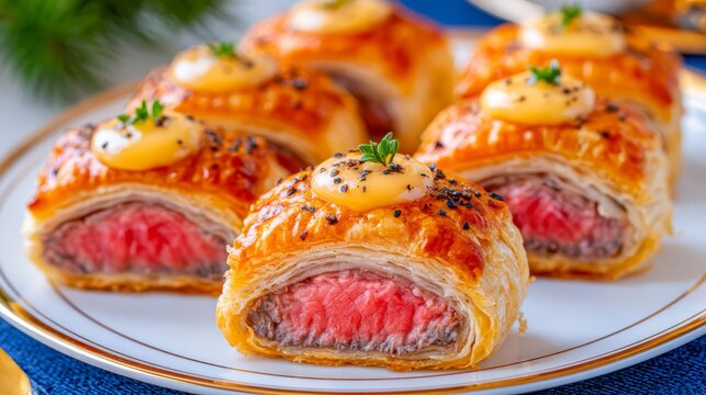 Gourmet beef Wellington pastries filled with tender medium-rare beef, topped with creamy sauce and herbs, beautifully plated for an elegant fine dining presentation.