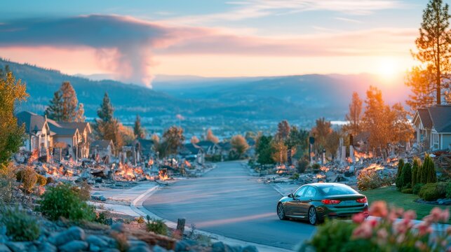 Residential neighborhood after a devastating wildfire, with damaged homes and scorched vegetation along a quiet suburban street at sunset, highlighting disaster recovery and community resilience.