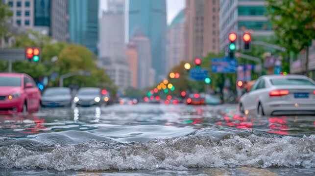 Severe urban flooding on a major city avenue, with turbulent water covering the roadway, vehicles navigating floodwater, traffic lights, skyscrapers, and colorful reflections.