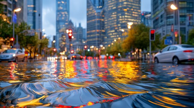 Flooded urban avenue with powerful muddy water surging across the road, stranded vehicles, modern skyscrapers, wet streets, and glowing city lights after severe rainfall.