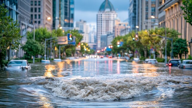 Flooded urban avenue with powerful muddy water surging across the road, stranded vehicles, modern skyscrapers, wet streets, and glowing city lights after severe rainfall.