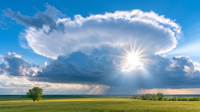 Severe thunderstorm over European countryside with a dramatic shelf cloud stretching across the horizon, intense sun rays, dark storm clouds, and expansive green fields.