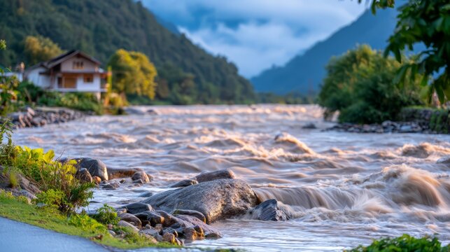 Severe flooding in a mountain valley, with a swollen muddy river rushing past rocky banks, misty forested slopes, and autumn trees under dramatic cloudy skies.