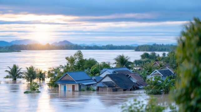 Severe monsoon flooding in Vietnam with submerged homes and tropical vegetation, rising water surrounding a riverside village under dramatic cloudy skies and soft sunlight.