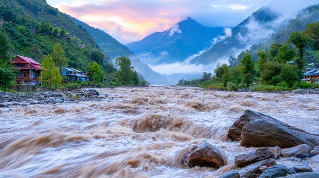 Severe monsoon flooding in India as a fast muddy river surges through a mountain valley, with overflowing water, rocky banks, village homes, misty peaks, and heavy rain.