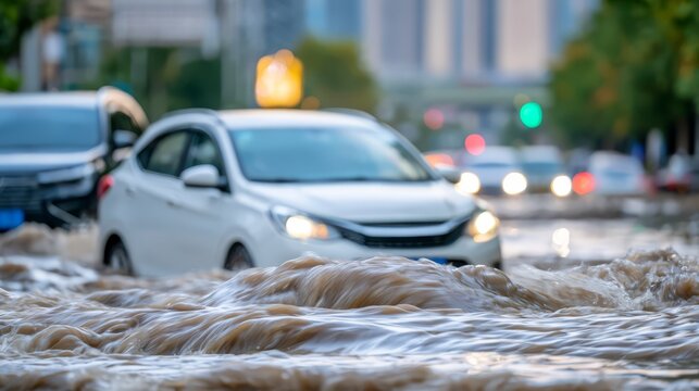Severe urban flooding in China after typhoon rainfall, with muddy floodwater surrounding vehicles on a city road, high-rise buildings, dramatic storm clouds, and authentic disaster news atmosphere.