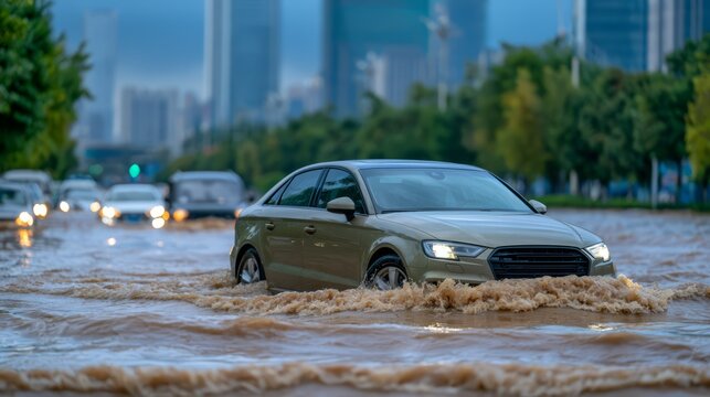 Severe urban flooding in China after typhoon rainfall, with muddy floodwater surrounding vehicles on a city road, high-rise buildings, dramatic storm clouds, and authentic disaster news atmosphere.