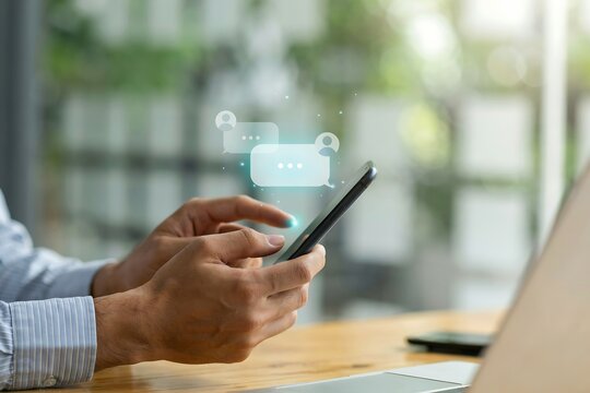 Person using a smartphone with floating chat bubble icons in a bright indoor office setting