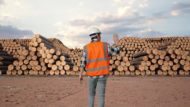Back of Asian Male Engineer Waving Hand Saying Bye While Walking with Stacked timber logs pile at outdoor lumber yard
