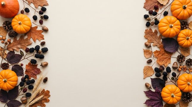 Autumn background with pumpkins and dried leaves arranged as a border on a light beige surface for seasonal design