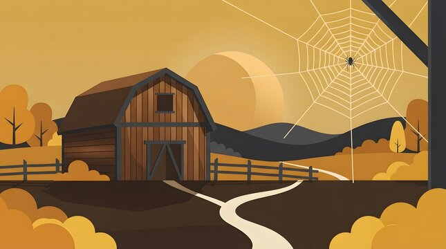 Pixel art barn in a farm field during a sunset with a spider web