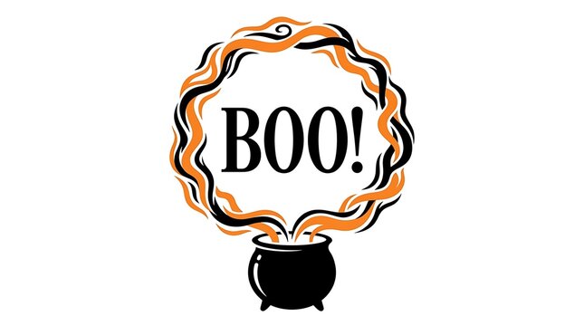 Boo halloween design with magic cauldron and swirling smoke