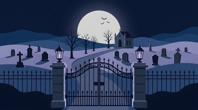 Spooky graveyard entrance with iron gates and full moon in the night sky