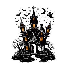 Fototapeta premium Halloween Spooky Haunted Mansion Vector with Ghosts Glowing Windows and Bats