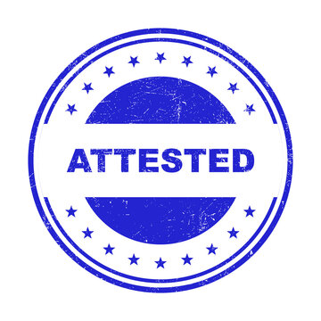 Blue circular rubber stamp with the word attested in a vintage grunge style isolated on transparent background