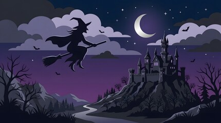Silhouette of a witch flying on a broomstick over a spooky castle at night © MDsohanur