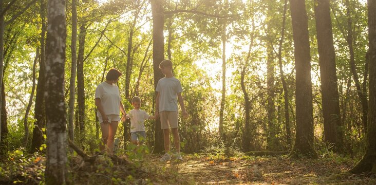 A group of cheerful people walking and having fun together in a beautiful nature setting on a sunny day, feeling the beauty and the energy of the outdoors, Happy family day 