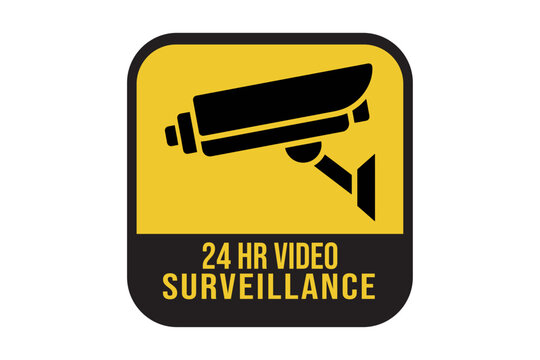 Cctv surveillance icon featuring bold black camera graphic on square yellow background for security warning signage designs to monitor business area perimeters.