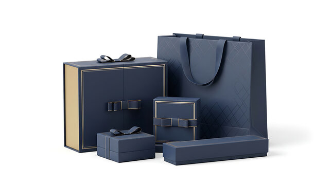 A collection of luxury dark blue gift boxes and a matching shopping bag.