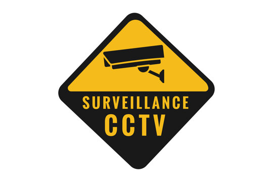 Surveillance cctv sign, a yellow and black diamond-shaped warning sign with a security camera icon, ideal for monitoring and protection.