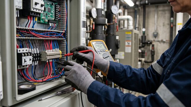 Technician testing electrical control panel