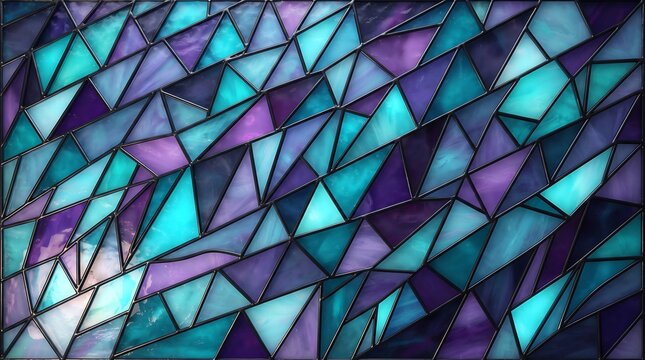 Intricate geometric stained glass pattern in shades of deep purple teal and blue with dark leaded outlines creating a mosaic effect