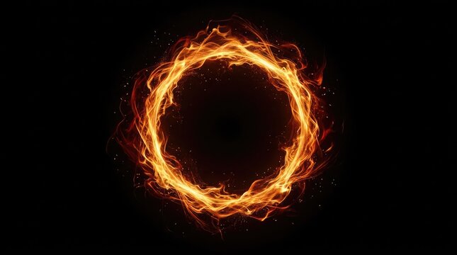 A glowing circular ring of fire isolated on a solid black background with bright orange flames