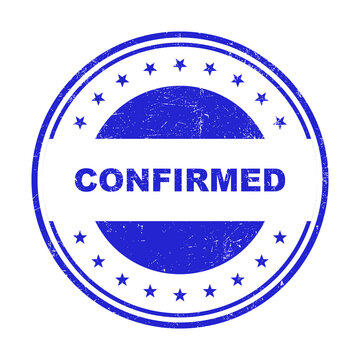 Blue rubber stamp with the word confirmed in a circular grunge frame design isolated on transparent background
