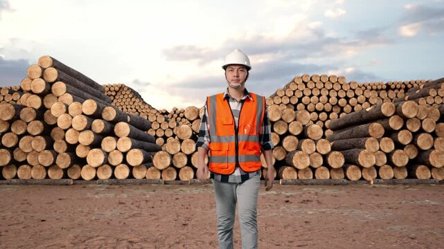 Front View of Asian Male Engineer Walking with Stacked timber logs pile at outdoor lumber yard