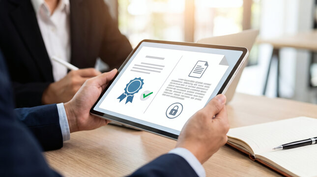 Businessman holding tablet displaying digital certificate of compliance document with checkmark and lock security icons during office business meeting