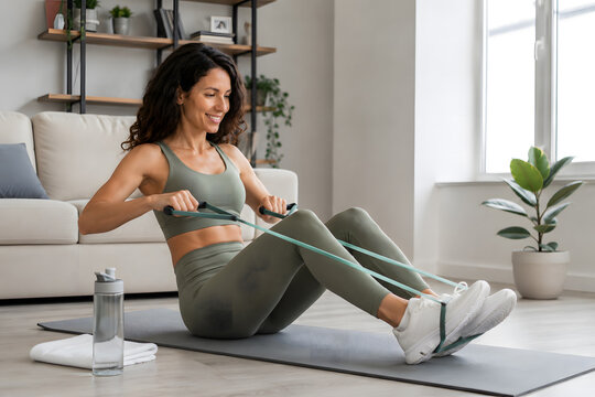 Plano entero de mujer sonriente entrenando en casa con banda el&aacute;stica sobre esterilla de yoga con luz natural en &aacute;ngulo medio.