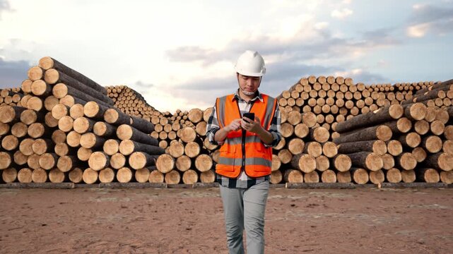 Front View of Asian Male Engineer Use Smartphone While Walking with Stacked timber logs pile at outdoor lumber yard