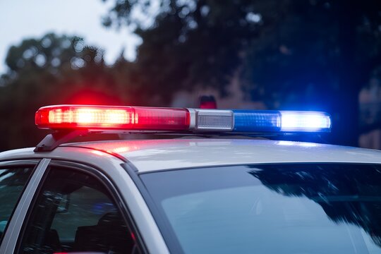 Red and blue emergency light bar glowing on top of police car rooftop close up view law enforcement security concept
